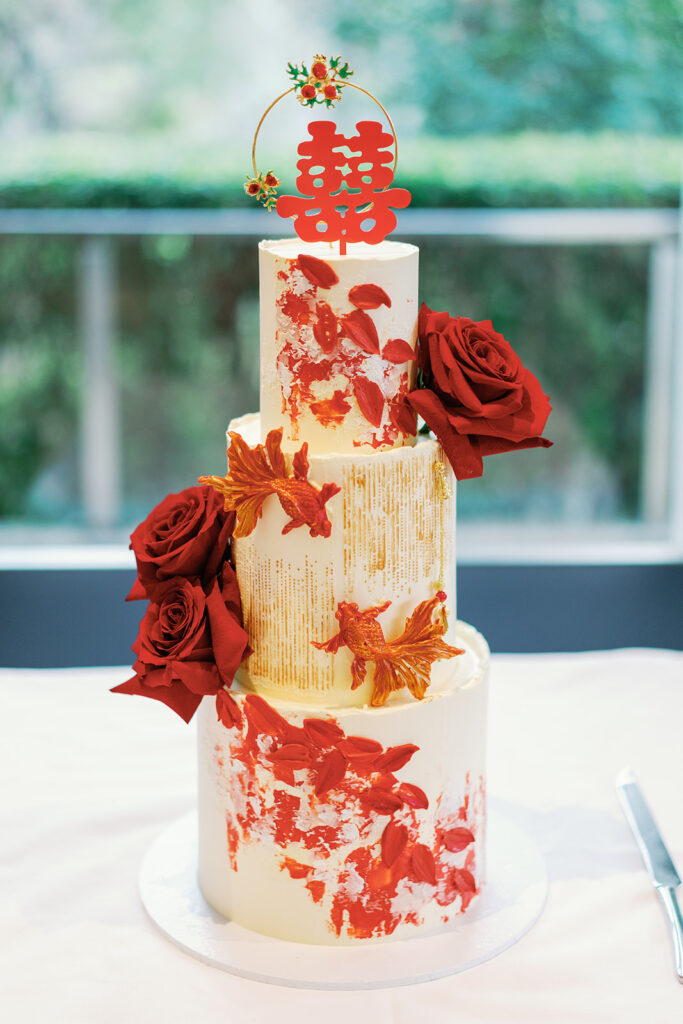 colourful wedding cake in hues of red and orange