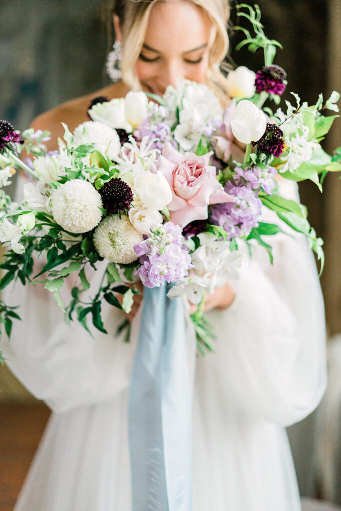 romantic wedding bouquet with pops of colour