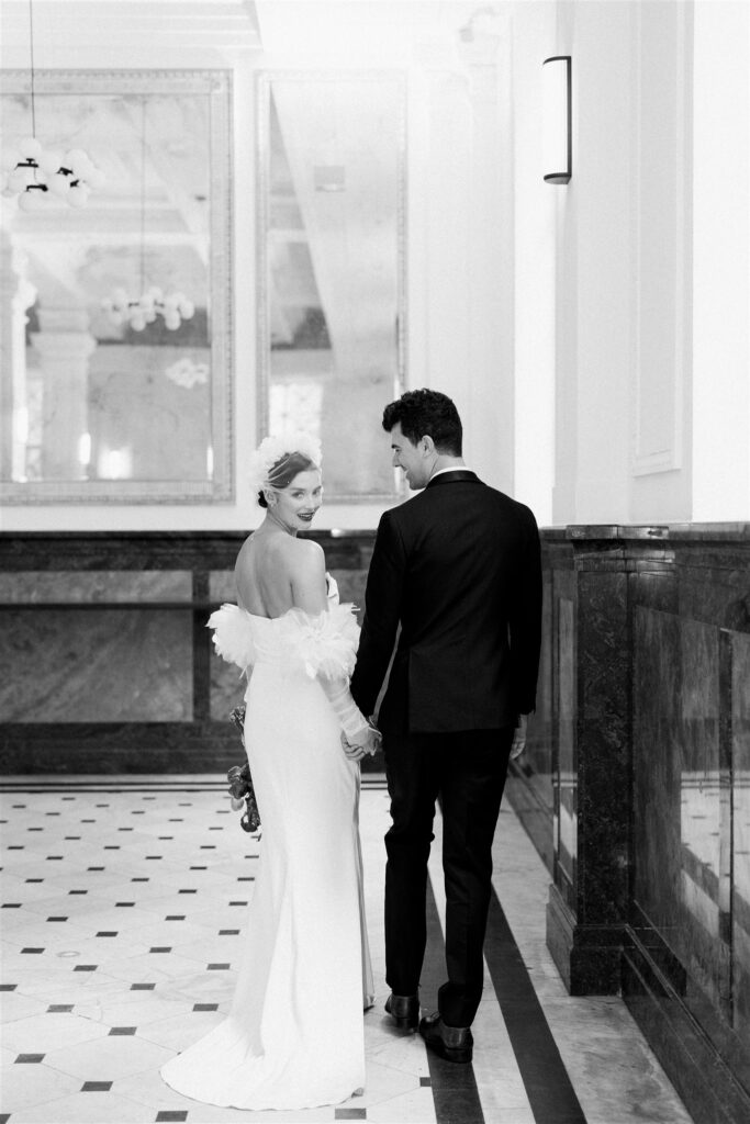 Bride & groom in the foyer of the Trust Melbourne