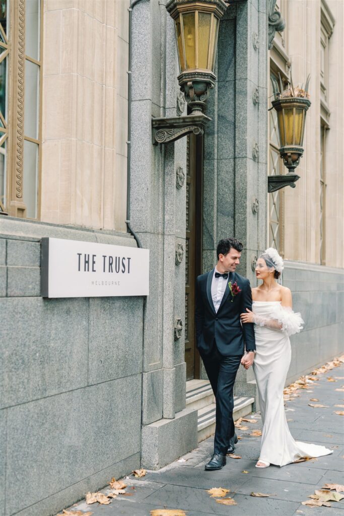 The bride & groom outside the Trust Melbourne
